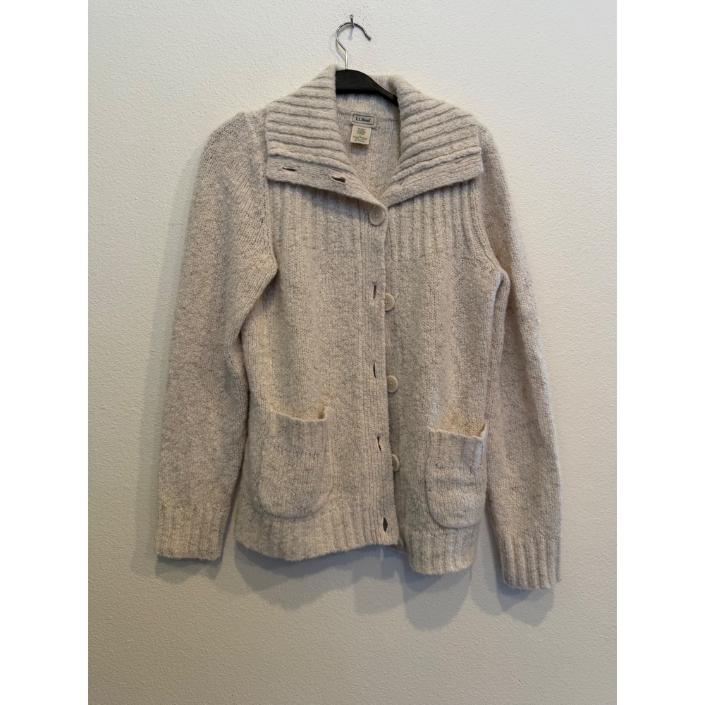 LL Bean Womens Oatmeal Wool Blend Button Front Cardigan Sweater 278385 Large